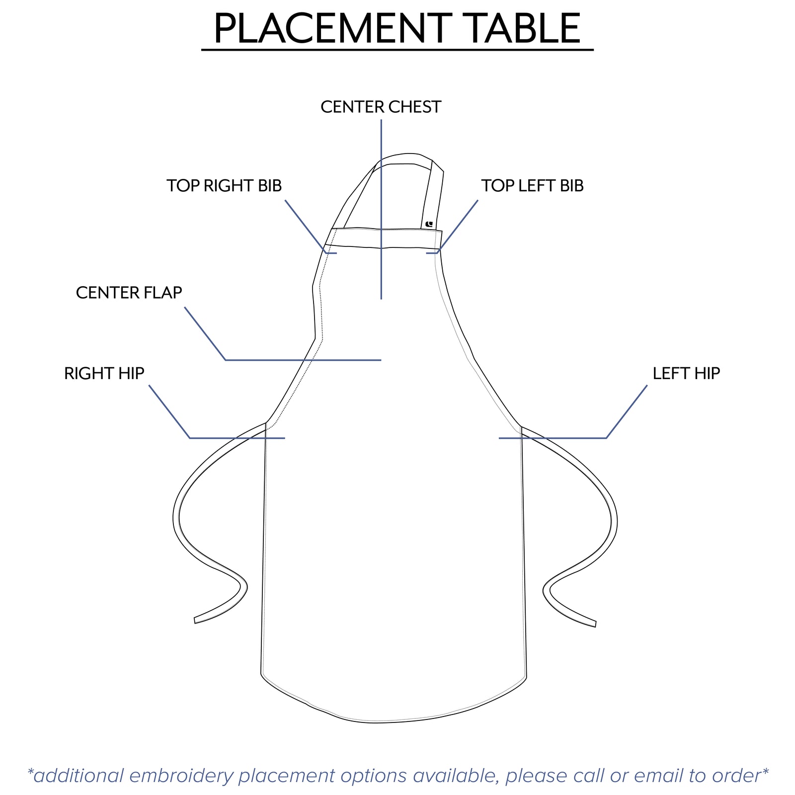 bib apron embroidery placement table from clement design