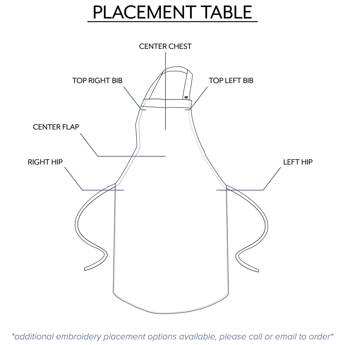 bib apron embroidery placement table from clement design
