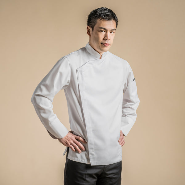 chef dress shirt Chef Workshirt With Utility Pocket & Apron Neck Tab | White French Twill | M