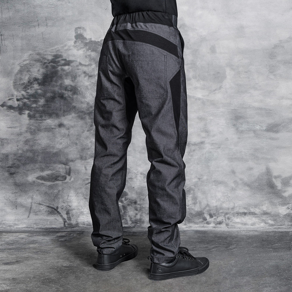 FURYO black denim chef pants with adjustable belt and jersey material for breathability