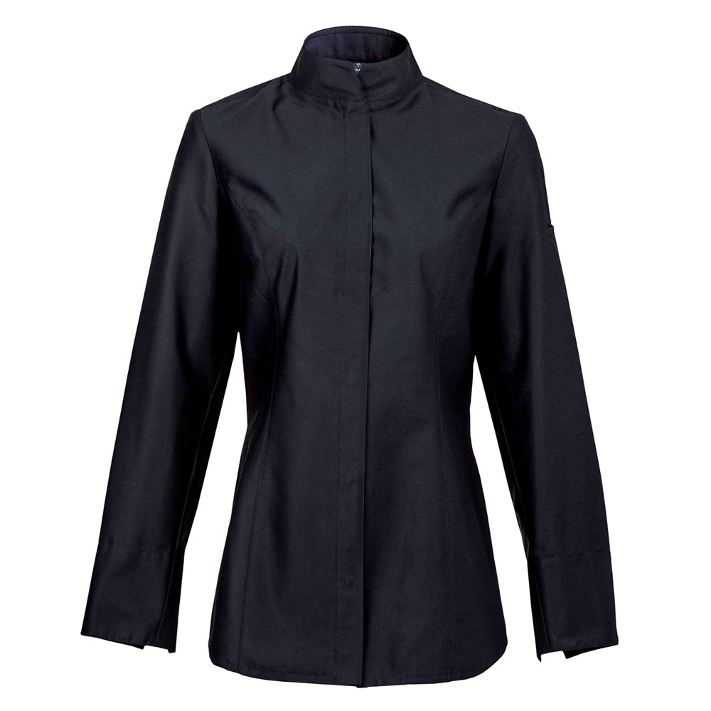 ALBA women's long sleeve center snap fitted chef jacket in black by Clement Design