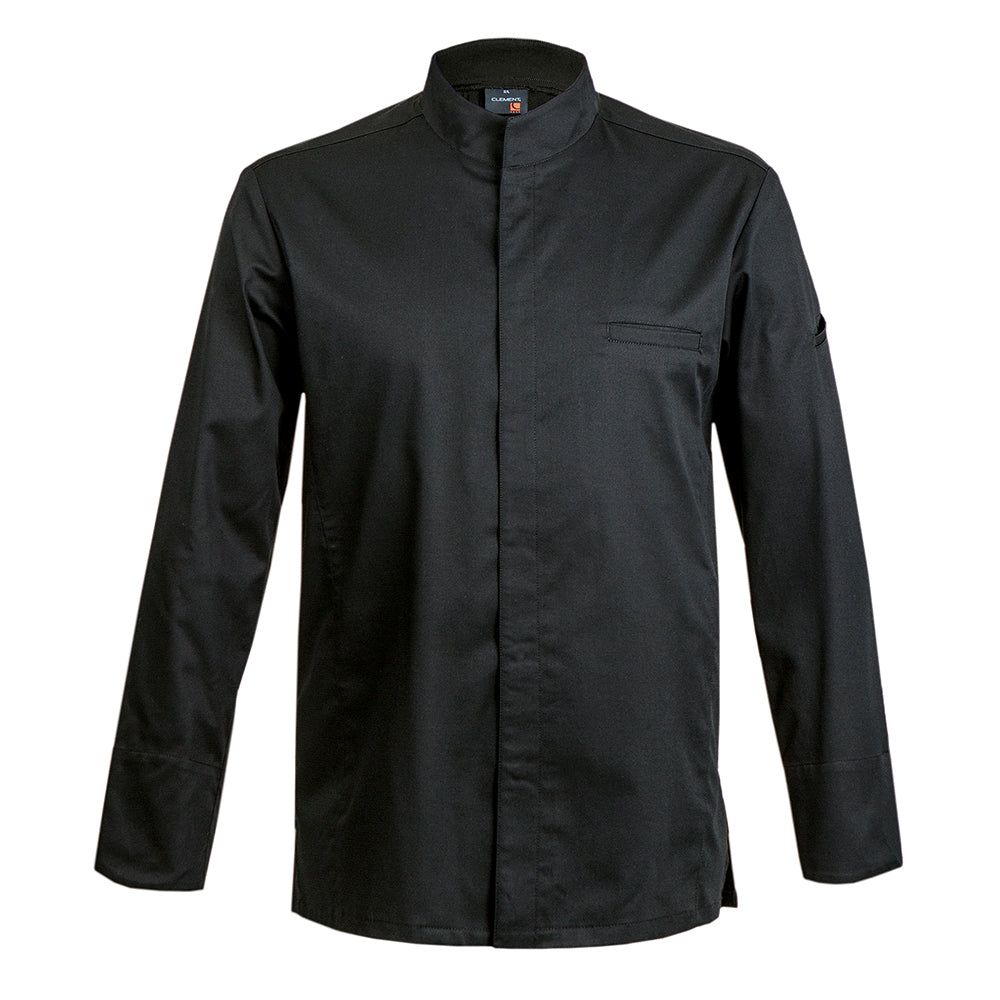 CATANE chef jacket, long sleeve, black, center snap buttons