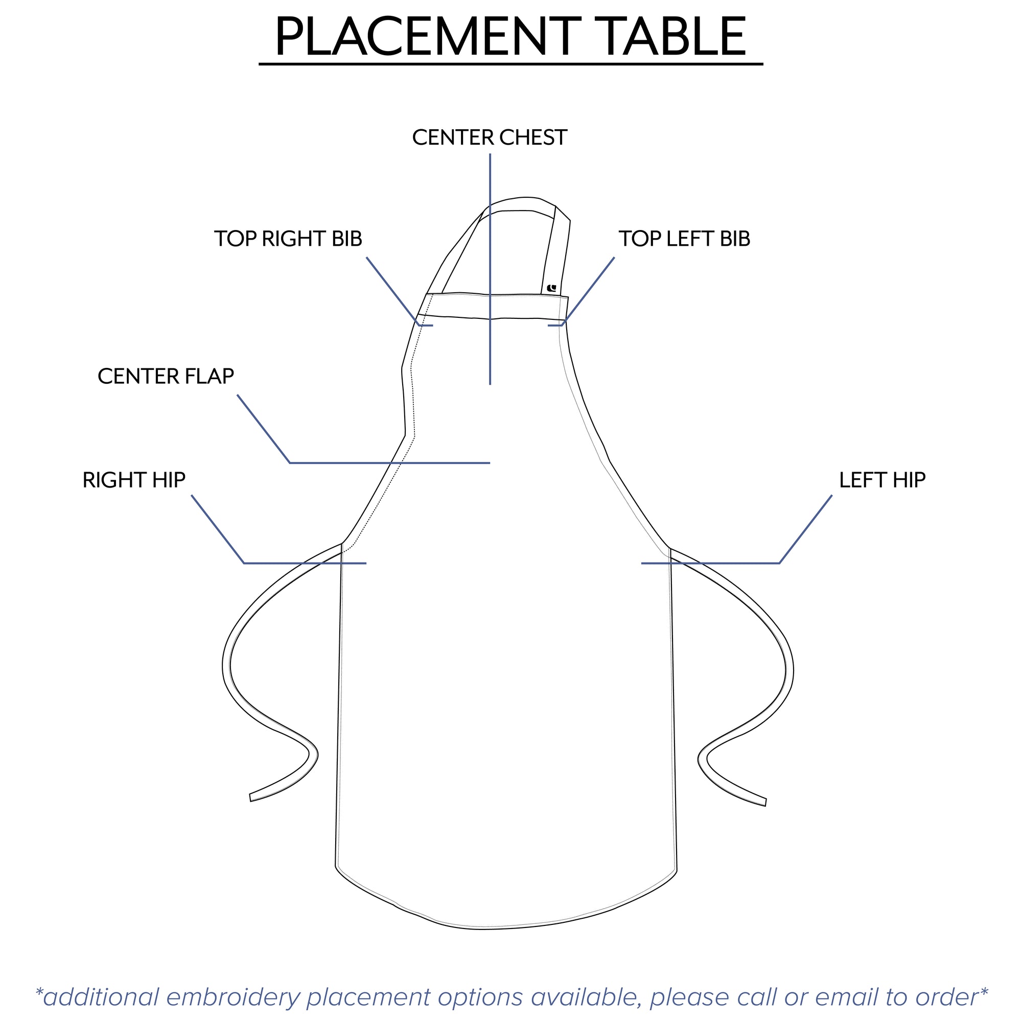 bib apron embroidery placement table from clement design