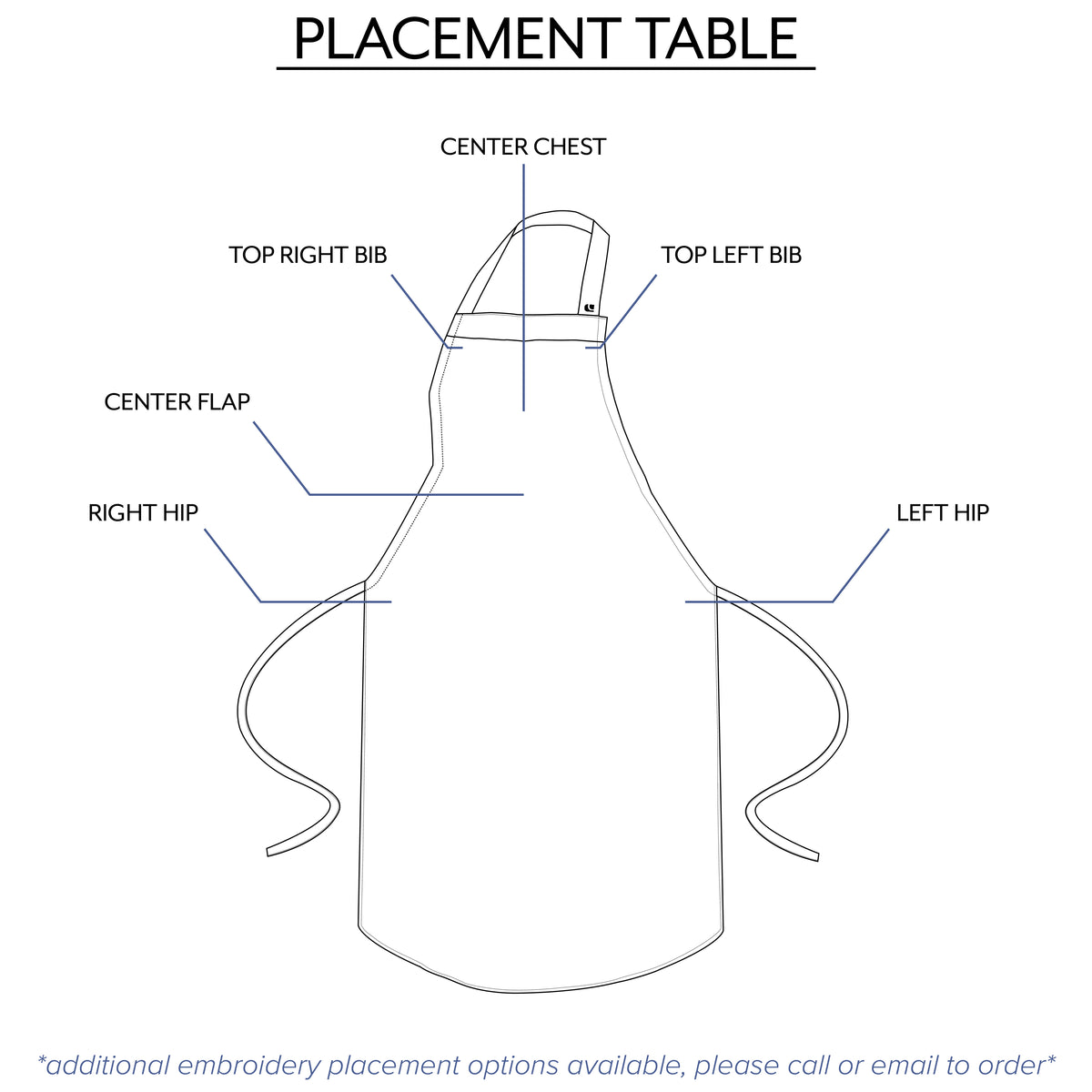 bib apron embroidery placement table from clement design